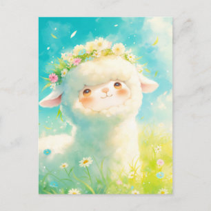 Cartão Postal Alpaca Branco com Coroa Floral de Primavera em um 