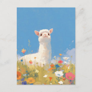 Cartão Postal Alpaca Branco em Colorido Prado de Flores Silvestr