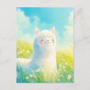 Cartão Postal Alpaca Branco em Prado Ensolarado de Flores Silves