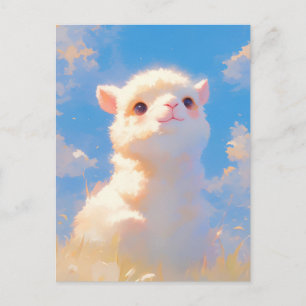 Cartão Postal Alpaca Branco Fofinho Bebê no Céu Azul Ensolarado