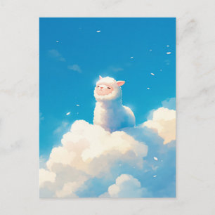 Cartão Postal Alpaca Branco Sentado em Nuvem Fofa Céu Azul