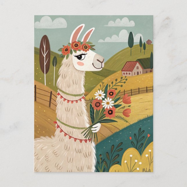 Cartão Postal Alpaca com flores arte popular (Frente)