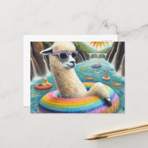 Cartão Postal Alpaca em uma flutuação colorida do arco-íris