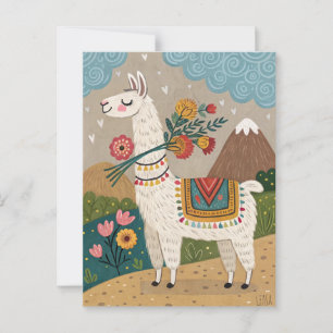 Cartão Postal Alpaca peruana com arte folclórica de flores
