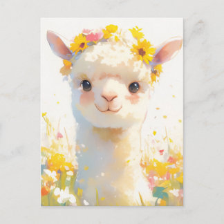 Cartão Postal Alpaca with Yellow Floral Crown Meadow
