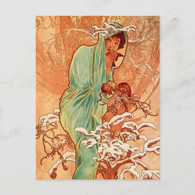 Cartão Postal Alphons Mucha - A quarta temporada - Inverno (Frente)
