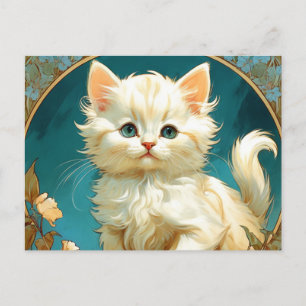 Cartão Postal Alphonse Mucha Art Nouveau White Cat