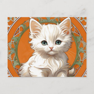 Cartão Postal Alphonse Mucha Art Nouveau White Kitten