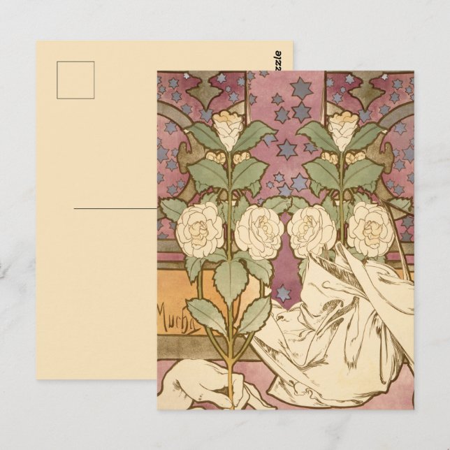 Cartão Postal Alphonse Mucha Elegante Art Nouveau Stars Camellia (Frente/Verso)