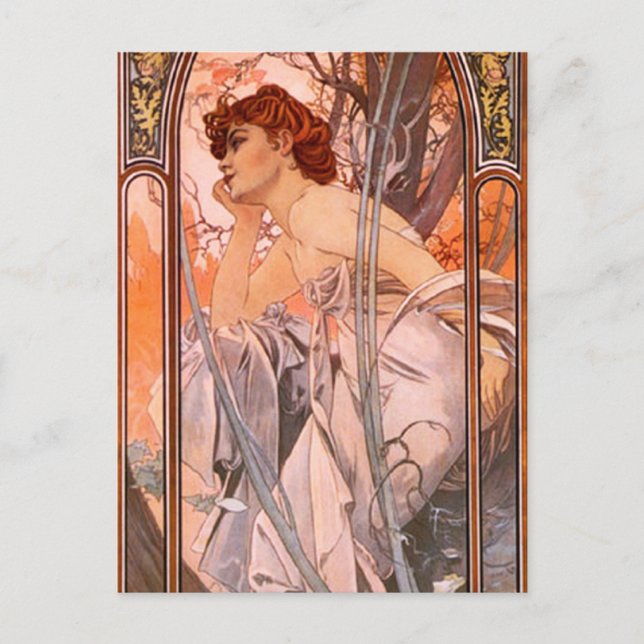 Cartão postal Alphonse Mucha Evening Reverie (Frente)