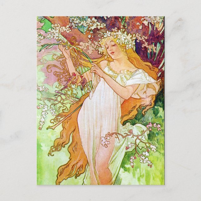 Cartão Postal Alphonse Mucha Girl In Garden (Frente)