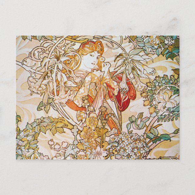 Cartão Postal Alphonse Mucha - Mulher com margarida (Frente)