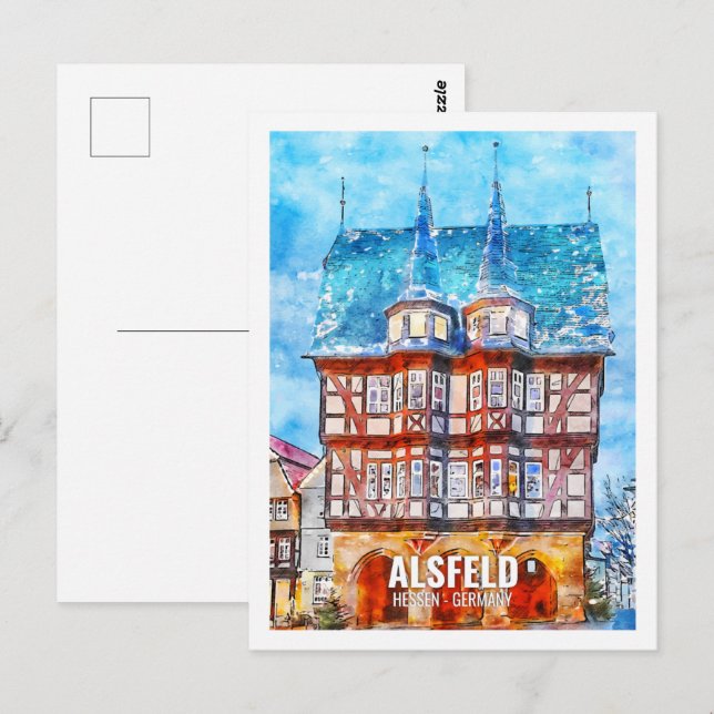 Cartão Postal Alsfeld Hessen Alemanha Viagem Place Watercolor (Frente/Verso)