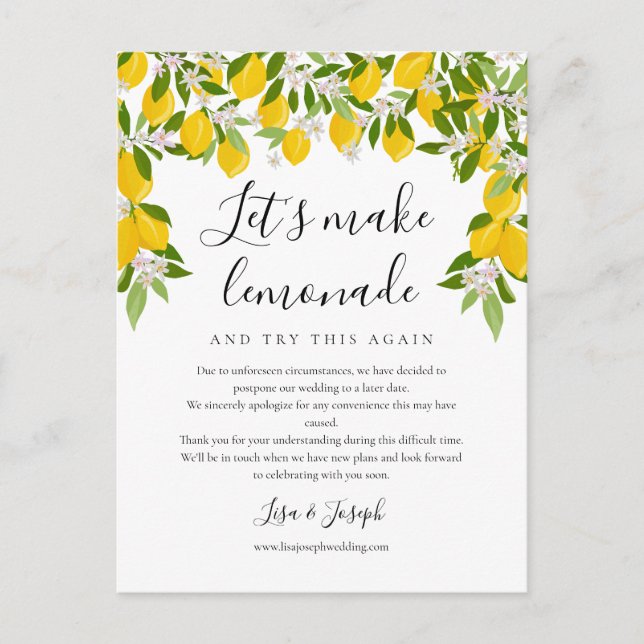 Cartão Postal Alterar a data adiada da foto de limões cancelados (Frente)
