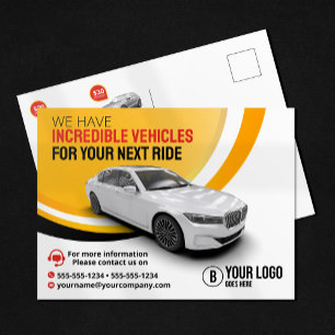 Cartão Postal Aluguel de Carro Amarelo Profissional Automóvel
