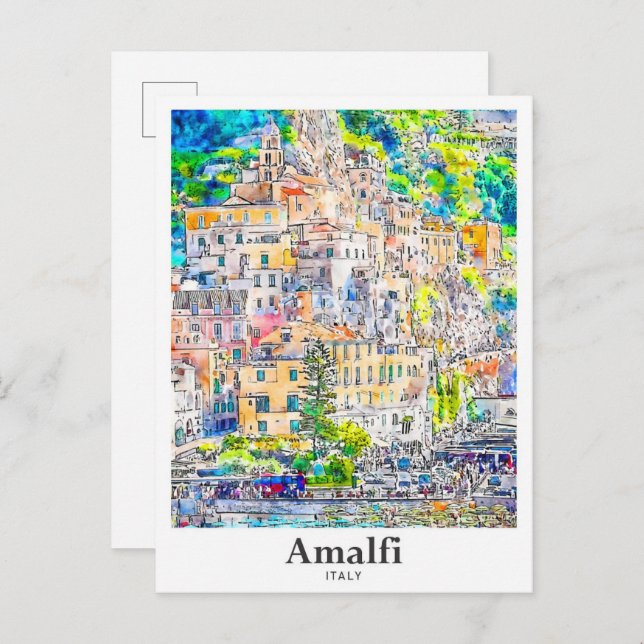 Cartão Postal Amalfi Itália Viagem Watercolor Desenhado (Frente/Verso)