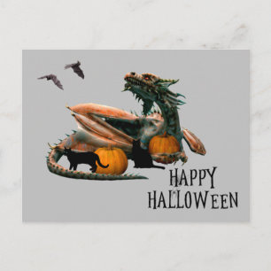 Cartão Postal Amante de Dragão Feliz Halloween Abóbora Gato