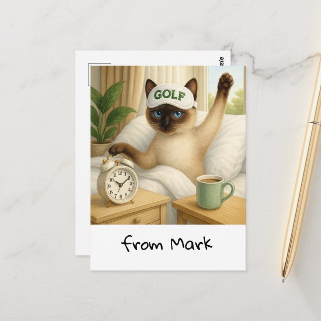 Cartão Postal Amante de Gato de Golfe está na cama (Frente/Verso In Situ)