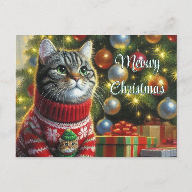 Cartão Postal Amante de gatos gato fofo pelo Natal Árvore  (Frente)