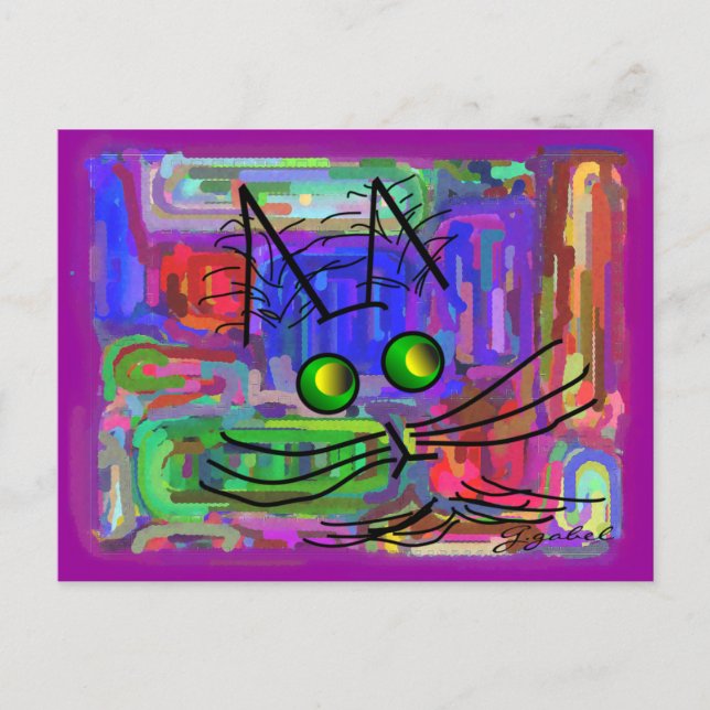 Cartão Postal Amantes de Gatos "O Gato Abstrato Curioso" Arte (Frente)