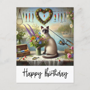 Cartão Postal Amantes de gatos pescando bebendo café Aniversário