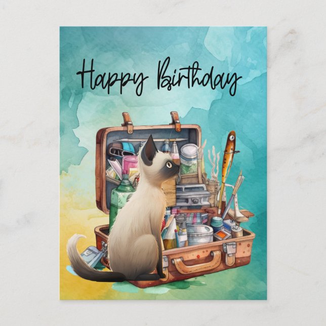 Cartão Postal Amantes de gatos que amam pescar para aniversário  (Frente)