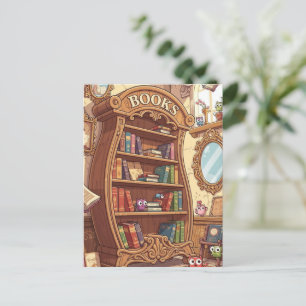 Cartão Postal Amantes de Livros Estante de Livros de Desenhos An