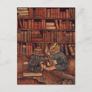Cartão Postal Amantes de livros infantis vintage lendo na biblio