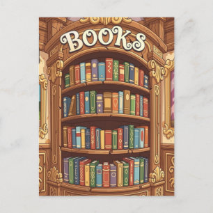 Cartão Postal Amantes de Livros Prateleira de Livros de Desenhos