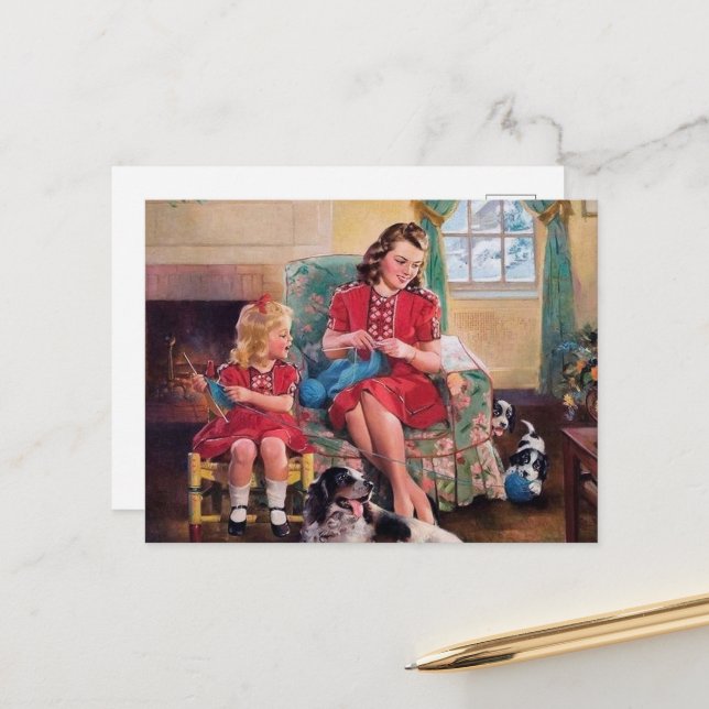 Cartão Postal amantes de tricô de retro fofo (Frente/Verso In Situ)