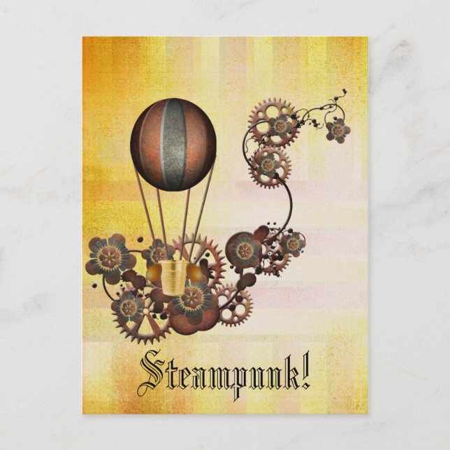 Cartão Postal Amarelo Antiquado do Balão Steampunk (Frente)