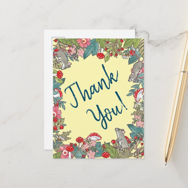 Cartão Postal Amarelo-Gelado Obrigado Mice Woodland (Frente/Verso In Situ)