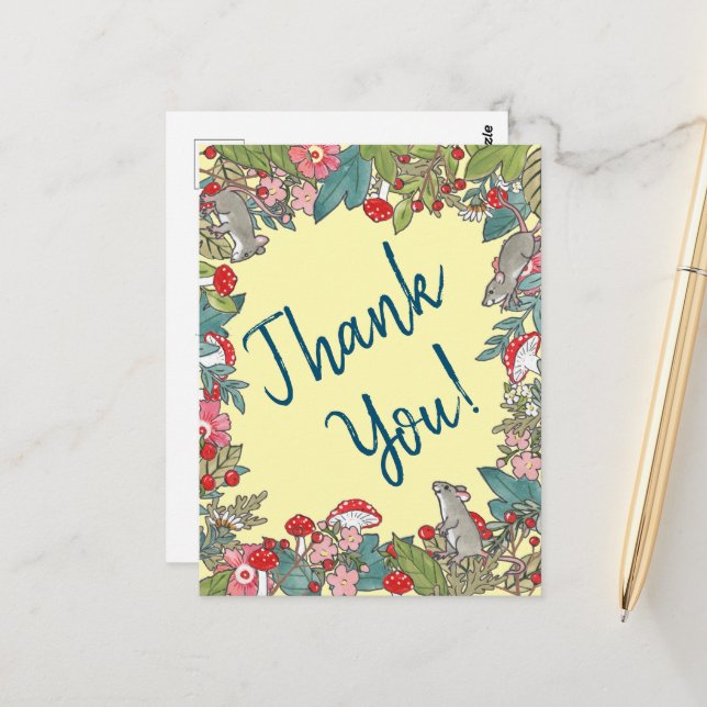 Cartão Postal Amarelo-Gelado Obrigado Mice Woodland (Frente/Verso In Situ)