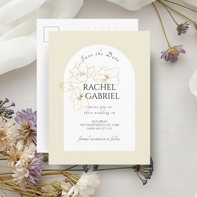 Cartão Postal Amarelo Pastel | Boho Arch Dourado Casamento Flora (Criador carregado)