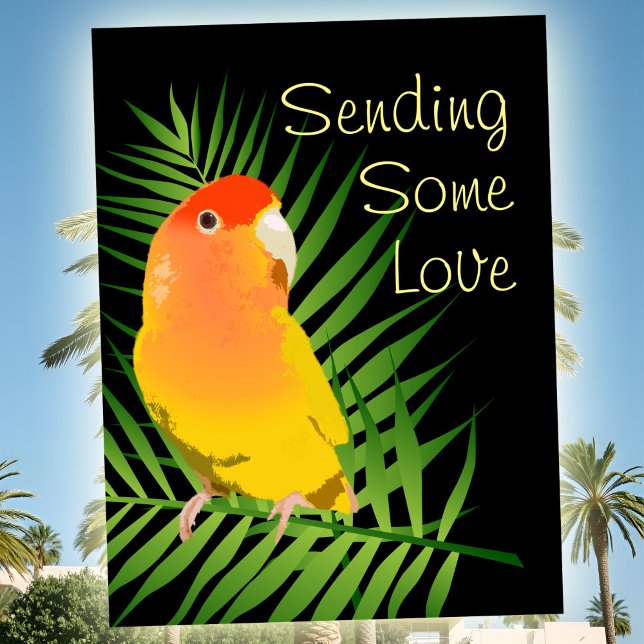 Cartão Postal Amarelo Vibrante Inseparáveis Amantes de Aves de E (bright yellow Lovebird postcard pop art style for pet loss or greeting, peachfaced lutino pet bird.)