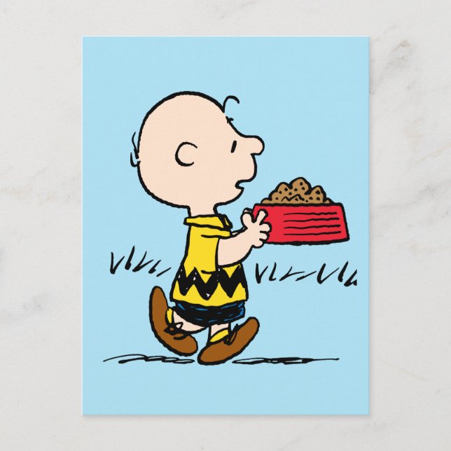 Cartão Postal Amendoins | Charlie Brown com a tigela de Snoopy (Frente)