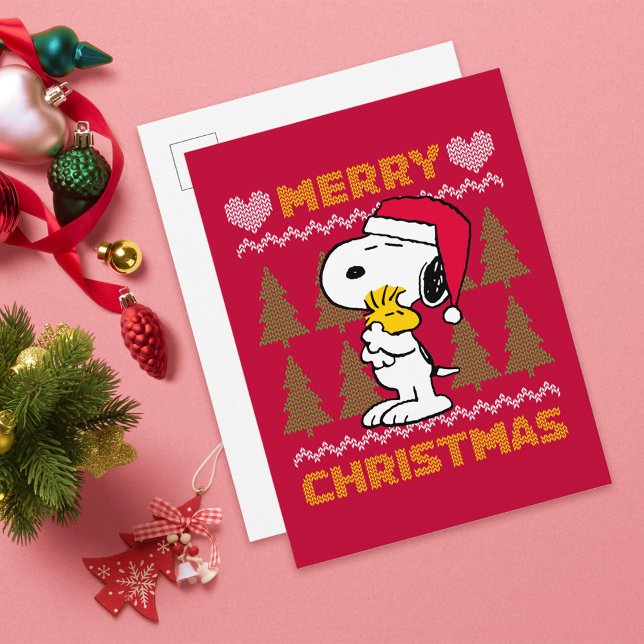 Cartão Postal Amendoins | Snoopy & Woodstock Santa Claus Hug (Card on table)