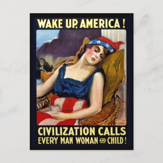 Cartão Postal América acordar, mulher patriota dorme, guerra ant (Frente)