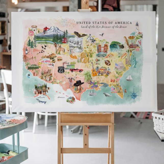Cartão Postal América | Mapa dos EUA Ilustrado em Aquarela (Criador carregado)