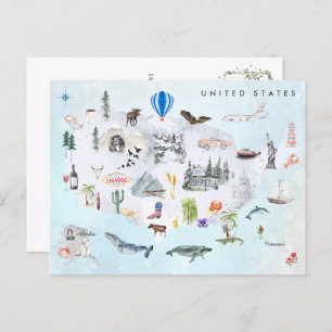 Cartão Postal América Mapa Ilustrado dos EUA