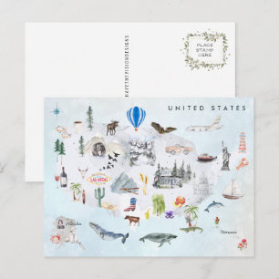 Cartão Postal América Mapa Ilustrado dos EUA