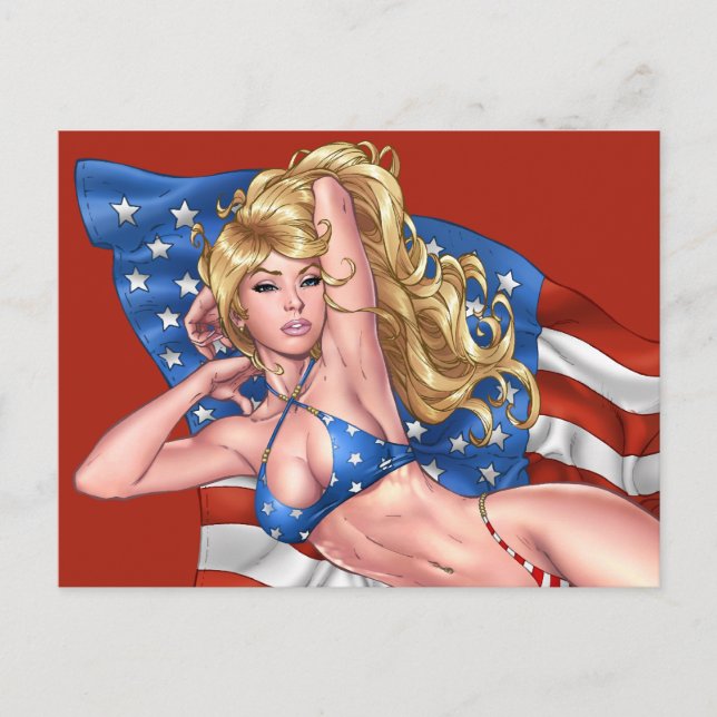 Cartão Postal American Flag Bikini Pinup Girl by Al Rio (Frente)