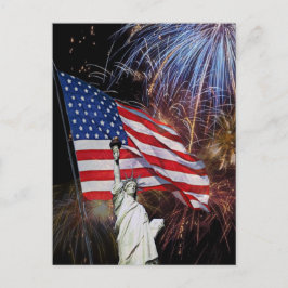 Cartão Postal American Flag, Fireworks and Statue of Liberty