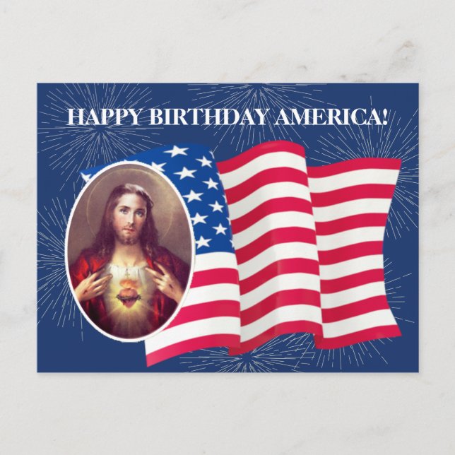 Cartão Postal American Flag Sacred Heart of Jesus Fireworks (Frente)