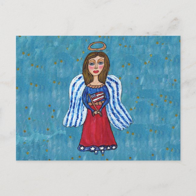 Cartão Postal American Patriotic Angel Holding USA Flag Stars (Frente)