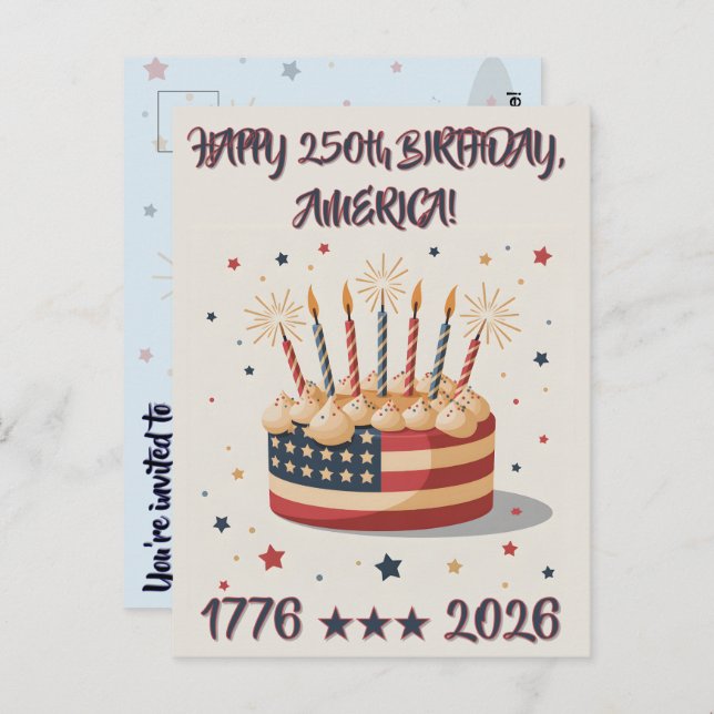 Cartão Postal America's Big 250th Birthday Party Invite Postcard (Frente/Verso)