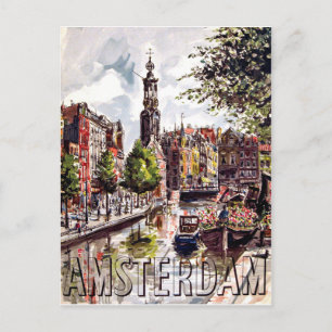 Cartão Postal Amesterdã, edifícios e porto urbano. Viagens vinta