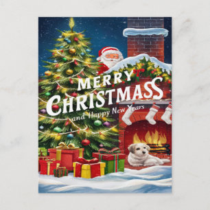 Cartão Postal Amigo Peludo Festivo junto à Lareira