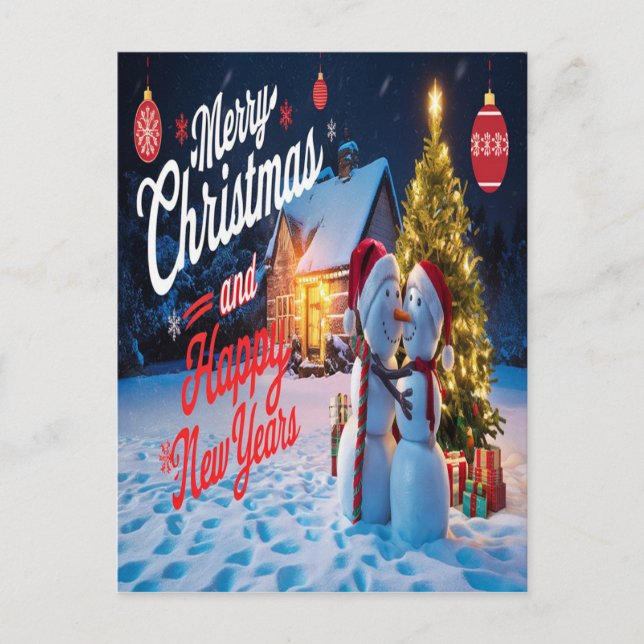 Cartão Postal Amigos Congelados: Neve e Árvore de Natal (Frente)