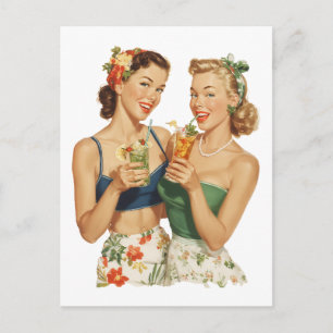 Cartão Postal Amigos de Coquetel de Verão Pin-Up Vintage